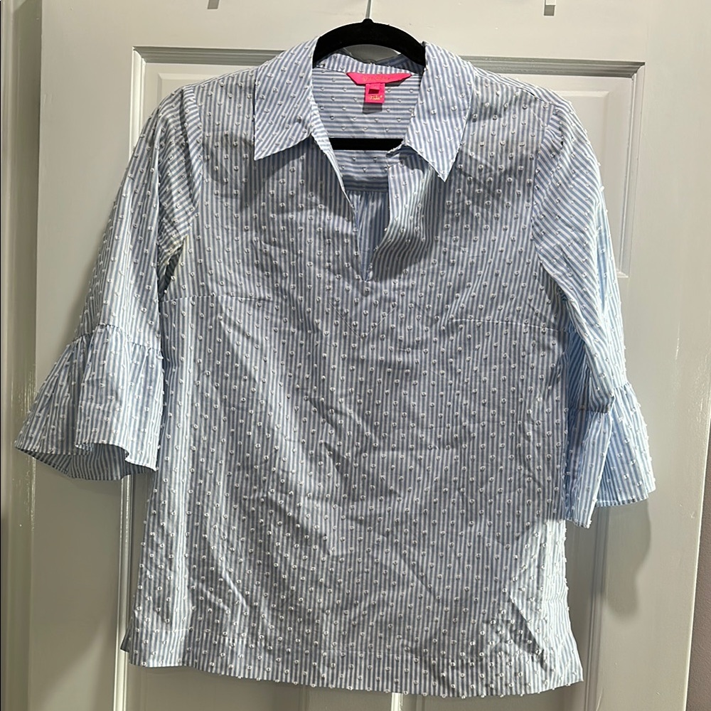 Lilly Pulitzer Blue 3/4 Sleeve Notched Collar Blouse
